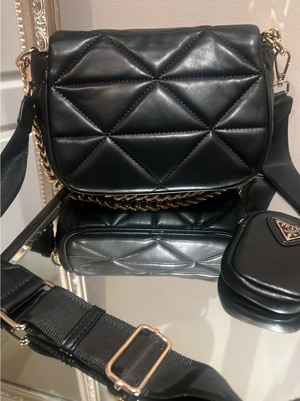Black Quilted Leather Crossbody Bag with Gold Chain